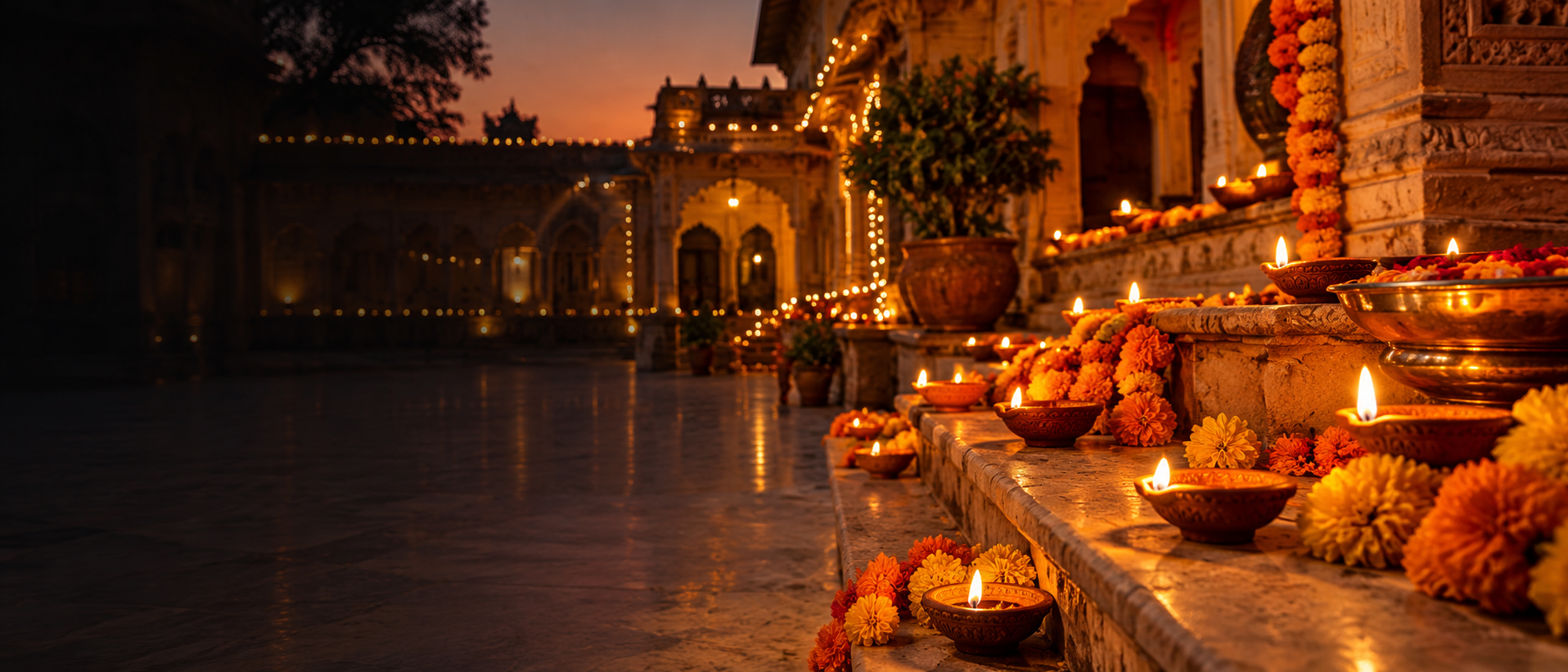 Diwali diyas and lights at an Indian heritage courtyard