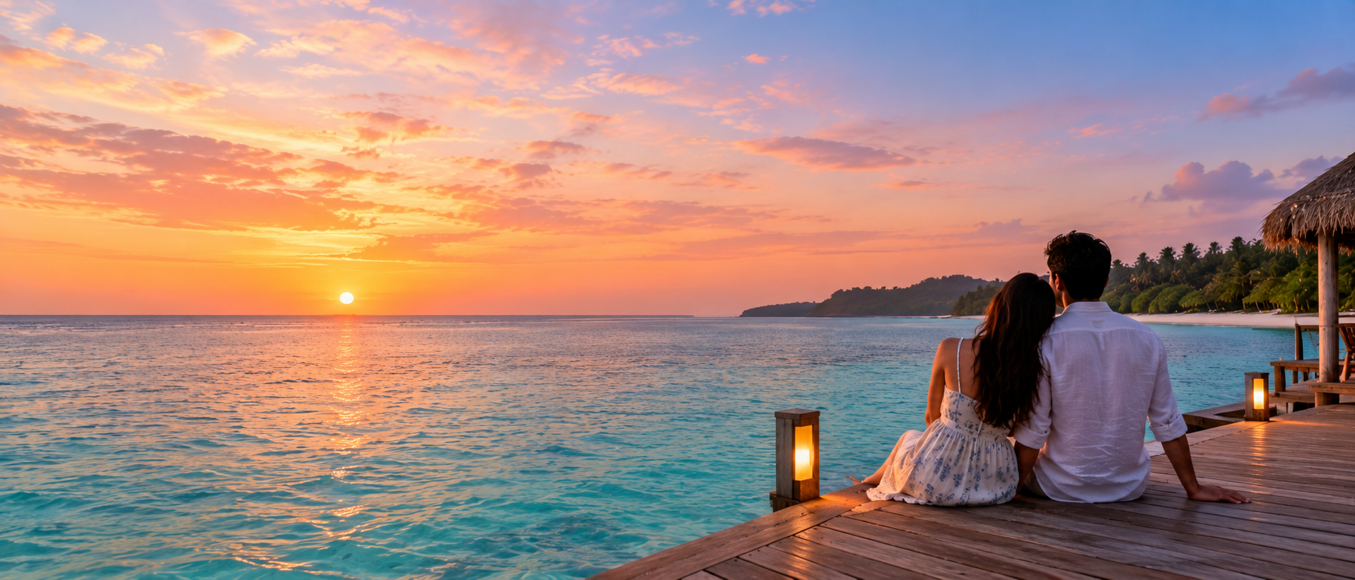 Couple enjoying a honeymoon holiday at sunset in the Andaman Islands