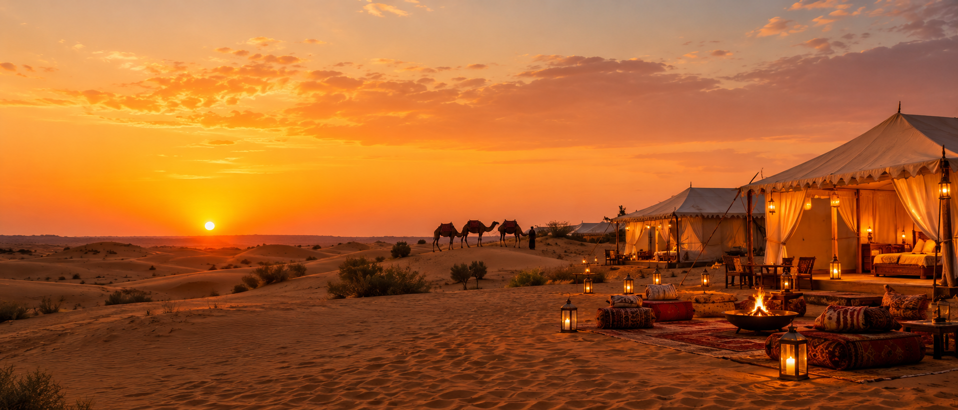 Desert camp in Jaisalmer, Rajasthan at sunset